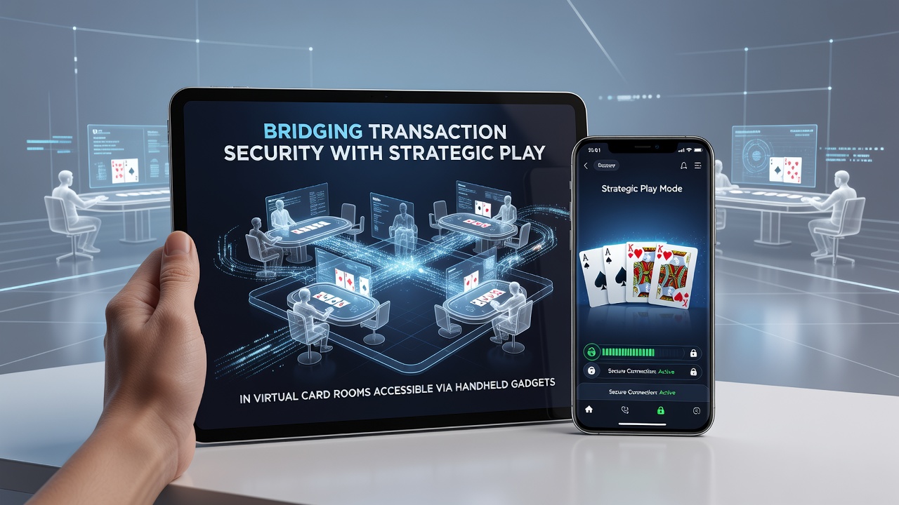 Secure mobile transaction flow in virtual card room showing encrypted payment confirmation alongside strategic gameplay elements