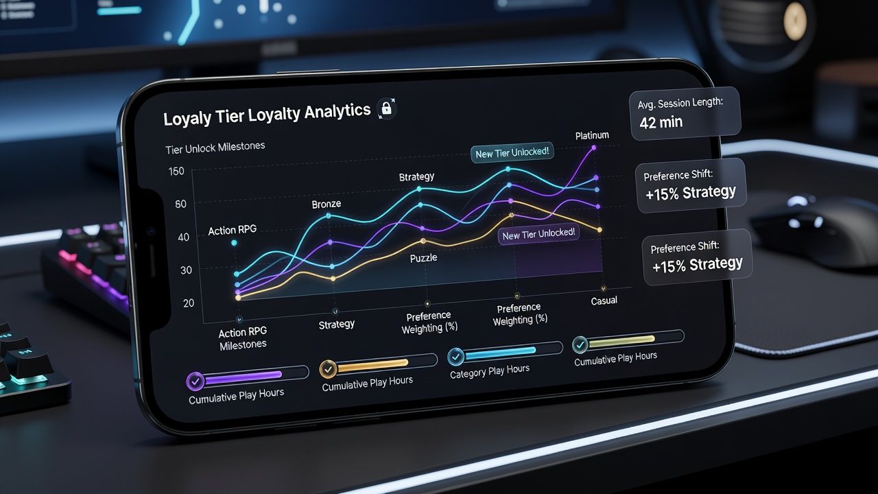 Dashboard view of loyalty tier unlocks linked to encrypted mobile game sessions