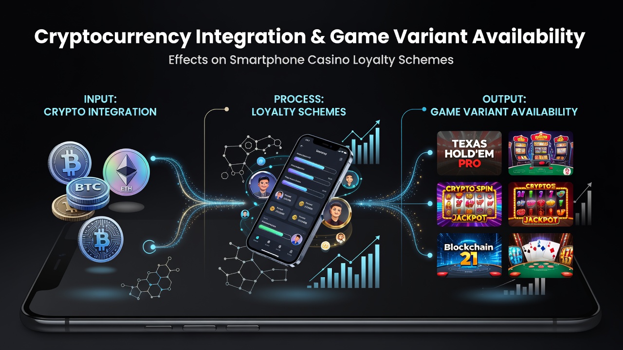 Cryptocurrency symbols and smartphone casino interfaces showing loyalty scheme elements