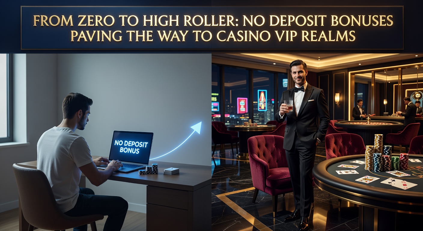 Online casino interface showing a no deposit bonus offer transitioning to VIP perks, with slot reels and loyalty tiers visible