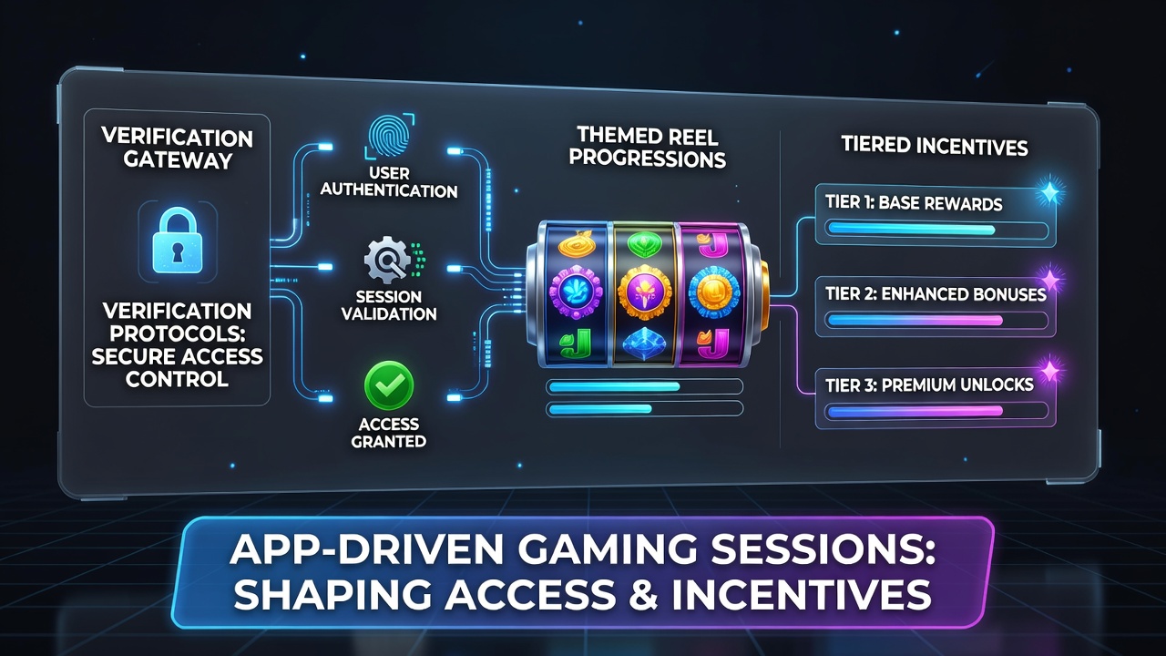 Mobile app interface showing verification steps unlocking themed slot progressions and reward tiers