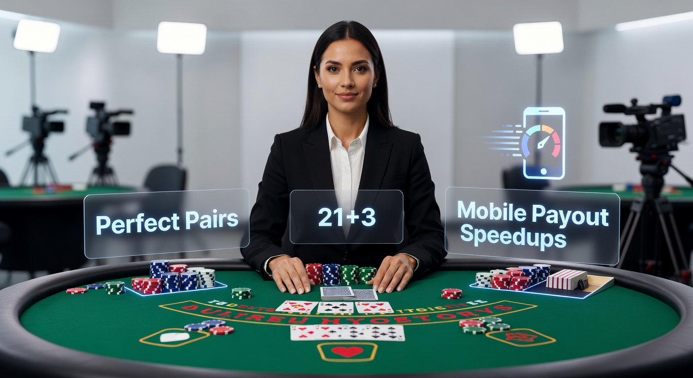 Live dealer blackjack table with side bet options displayed on screen, showing Perfect Pairs and 21+3 icons