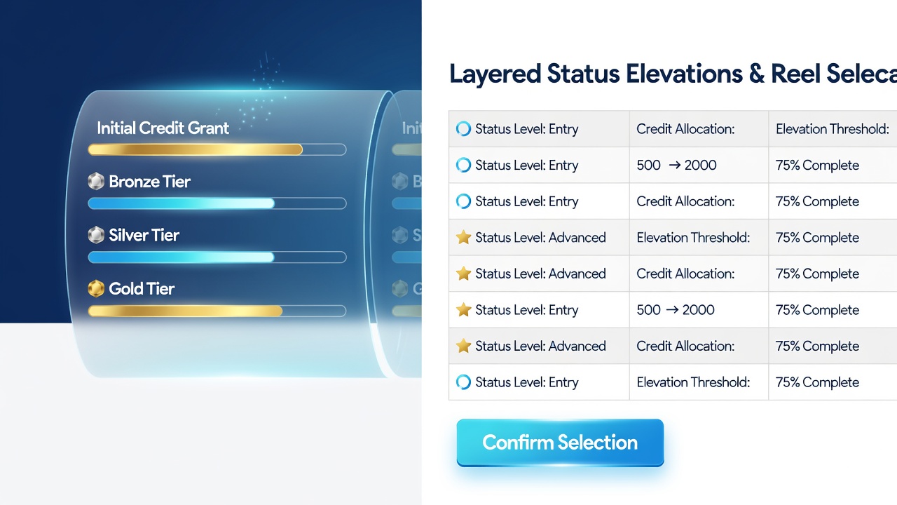 Smartphone screen displaying layered loyalty tiers alongside table game options and credit balance indicators