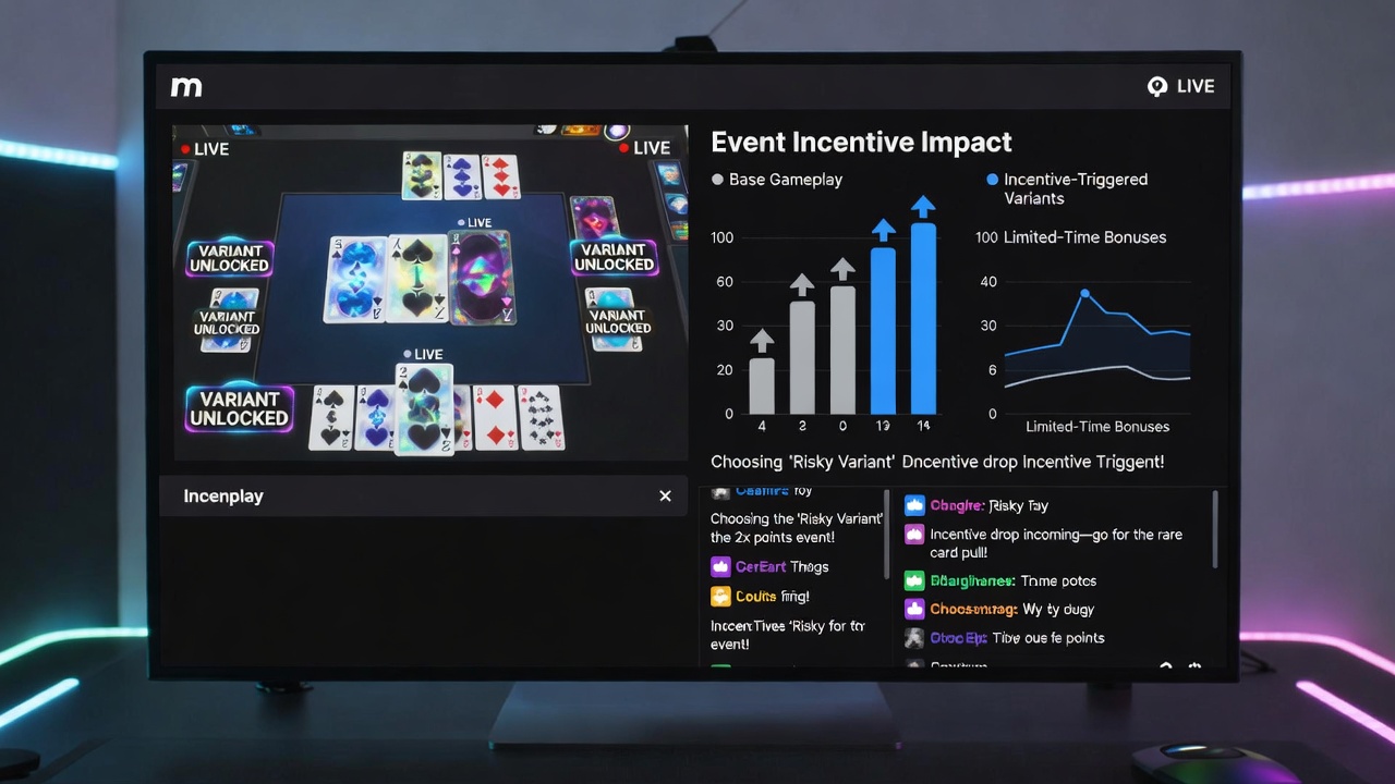 Live card game stream on smartphone showing variant selection menu and active event bonuses